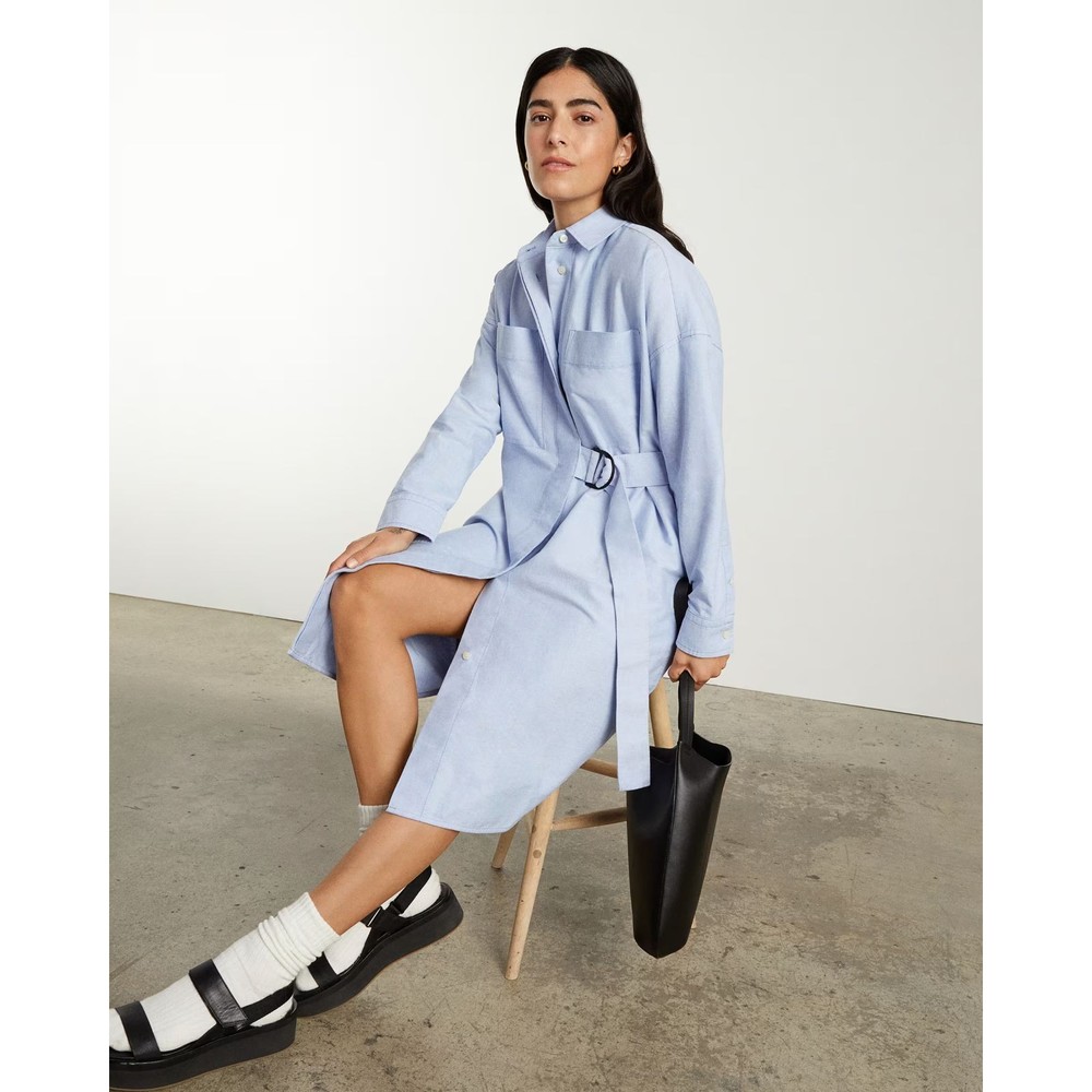 Everlane Blue Oxford Shirt Dress Asymmetric Belted Organic Cotton Large L
